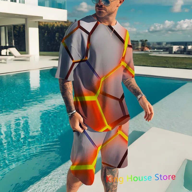 Fashion Men's 2 Piece Set Tracksuits Casual Short Sleeves Geometric Pattern 3D Print Oversized Jogging Outfit Set Men's Suit