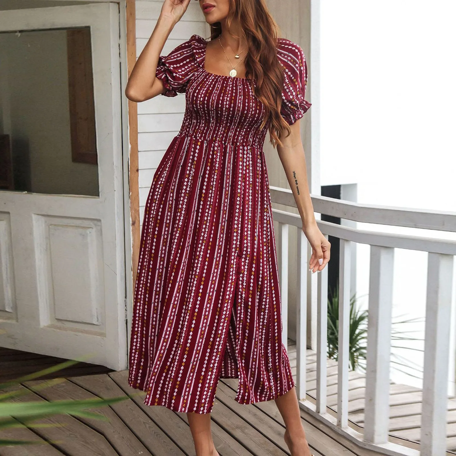 

Womens Short Puff Sleeve Elastic Square Neck Side Split Print Casual Flowy Summer Midi Sexy Elegant Dresses for Women