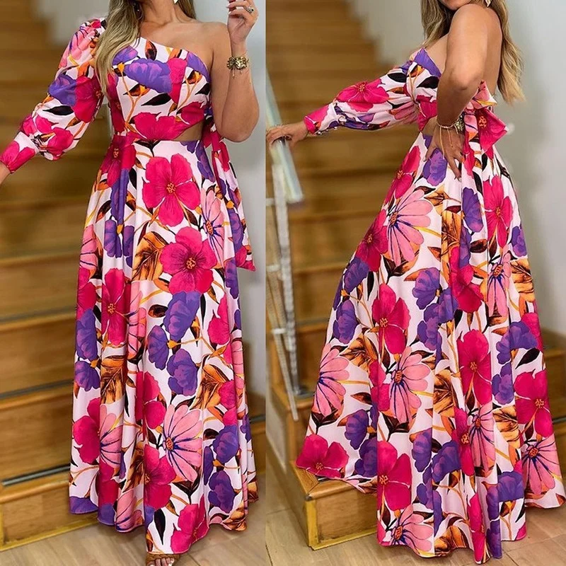 

Mandylandy женское элегантное Летнее Длинное платье с цветочным принтом в богемном стиле модное женское платье Y2K на одно плечо с длинным рукаво...