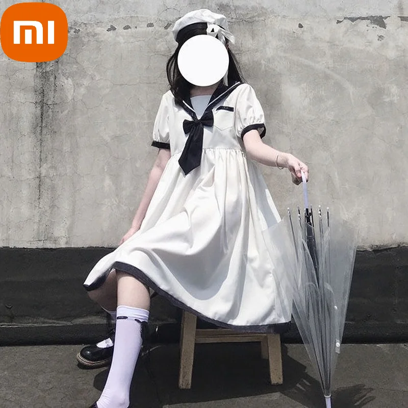 

Xiaomi Kawaii Lolita Dress Goth Bow Sailor Collar Patchwork Summer Dress White Preppy Style Puff Sleeve Fashion Streetwear
