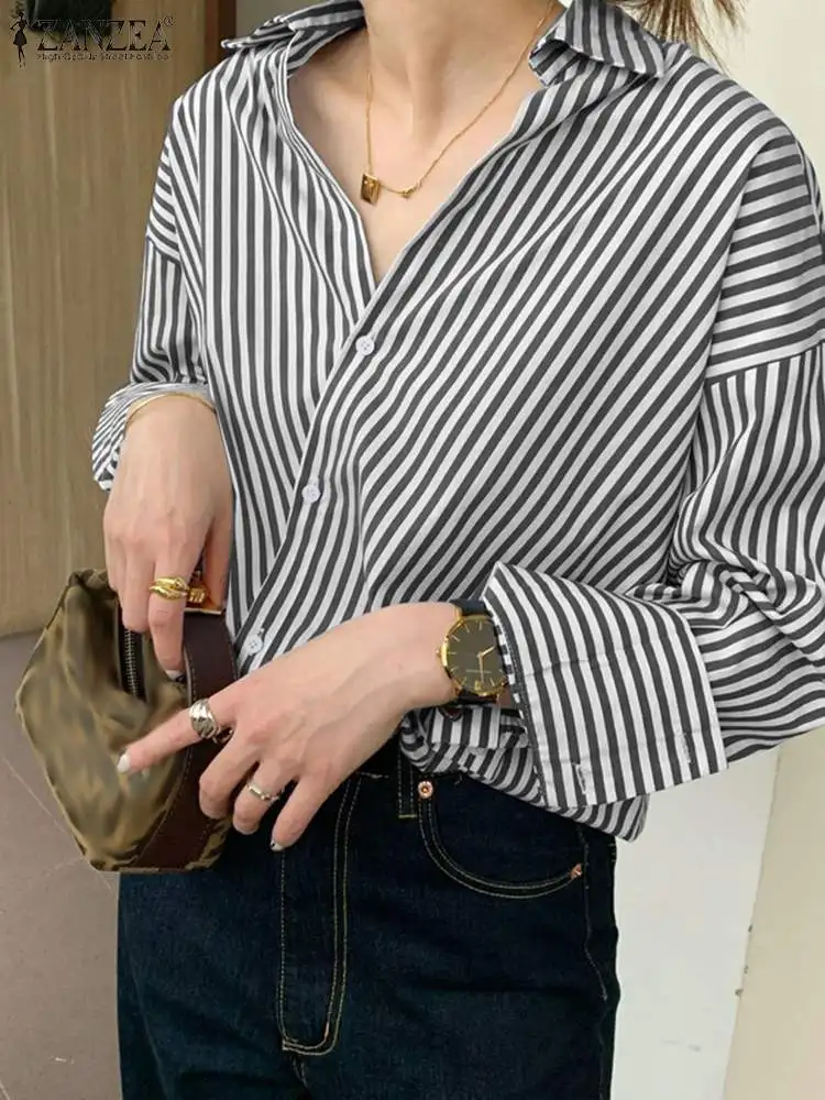 

ZANZEA Vintage Slanted Placket Blusas Fashion Stripe Printed Tops Women Long Sleeve Shirts 2023 Autumn OL Lapel Collar Tunics