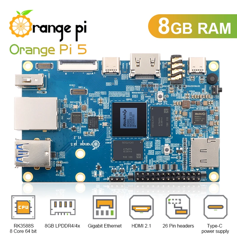 

Новый Orange Pi 5 8 Гб RK3588S, стандартный внешний Wi-Fi + BT,SSD гигабитный Ethernet однобортный компьютер, работает с ОС Android Debian