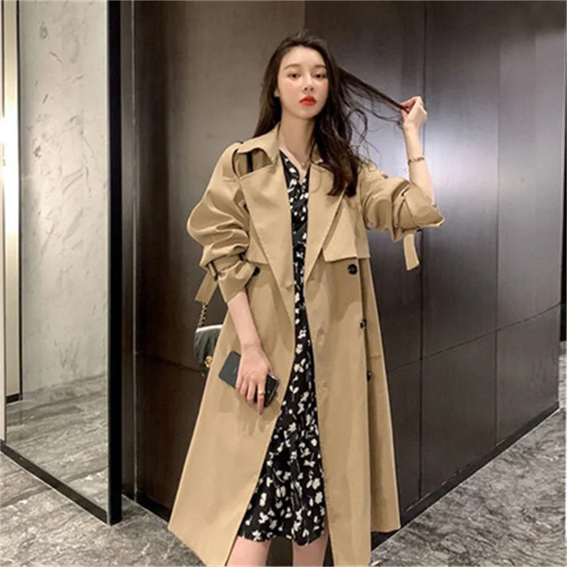 

2022 Spring Autumn New Korean Long Trench Coats Women's Clothing Casual Chic Double breasted Belt Windbreaker Outerwear FP177