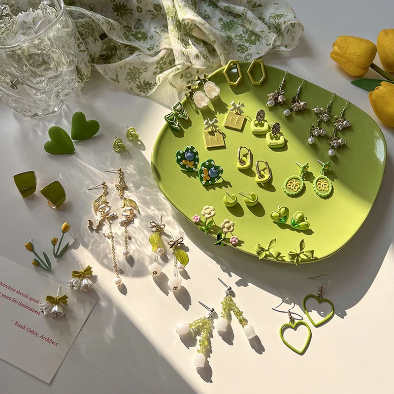 

Minar 2022 Fashion Multi Designs Green Color Flowers Earring for Women Femme Geometric Love Heart Drop Earrings Daily Jewelry