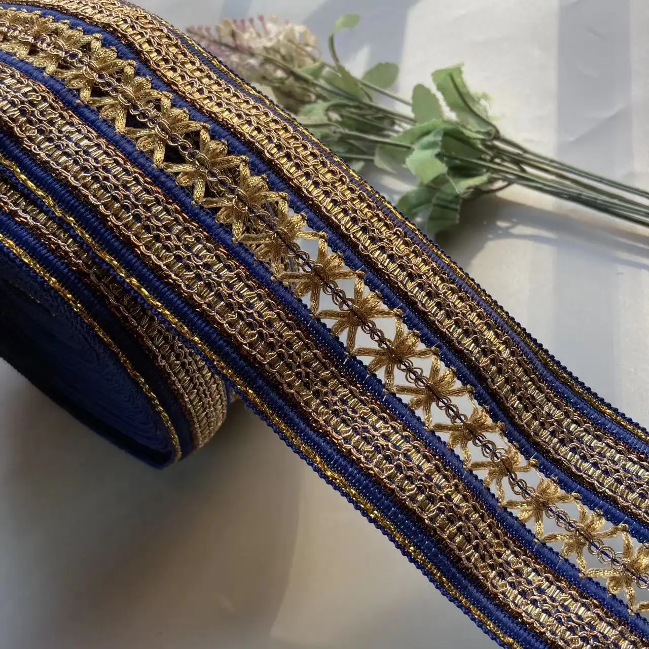 1 ярд синяя 7 см лента с рисовой кружевной отделкой этническая одежда золотая нить