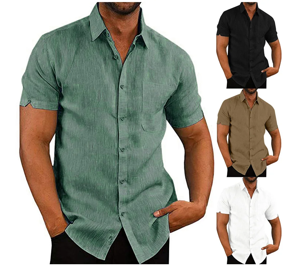 Summer Men's Shirt Casual Men's Linen Short Sleeve Shirt Men's Solid Color Breathable Business Shirt Clothing