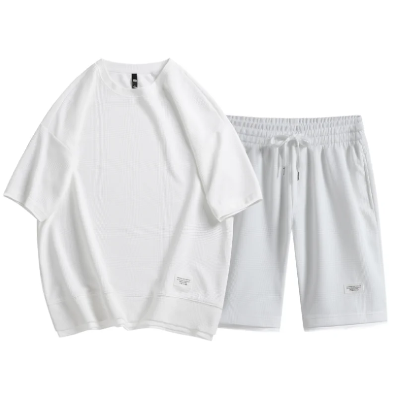 

Fashion Loose Mens Summer Waffle Sportswear Two-piece Loose Casual T-shirt Shorts Suit Male Short-sleeved Vêtements De Sport