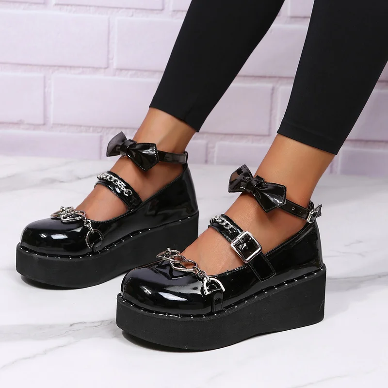 

Brand Designer Ladies Platform Lolita Mary Janes Pumps Fashion Chain Wedges High Heels Women's Pumps Party Gothic Shoes Woman