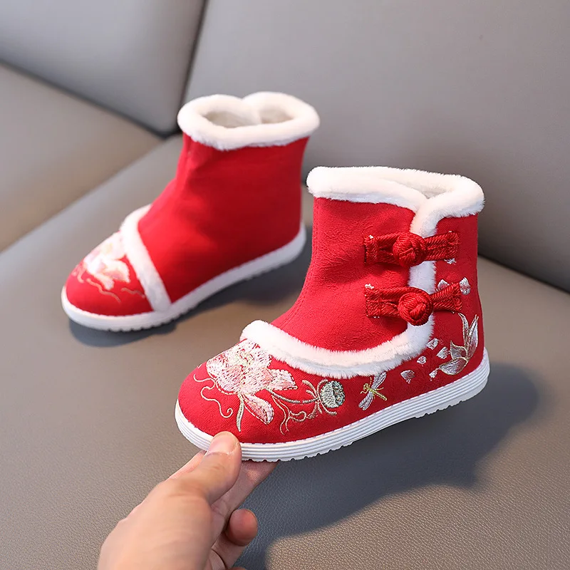 

Kruleepo Chinese Style Children Girls Silk Embroidered Shoe Peking Cloth Snow Boots Tradition National Ancient Costume Cosplay