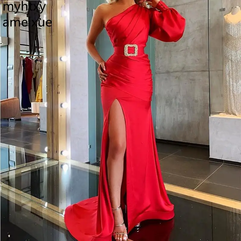 

Sexy Red Mermaid Prom Dresses 2023 Satin High Slit Pleats Long Sleeve Vestido De Gala One Shoulder Women Formal Evening Gowns