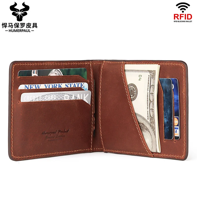 

HUMERPAUL Crazy Horse Cowhide Men's Wallet New Ultra Thin RFID Male Wallet Double Fold Short Card Leather Coin Purse BP916 2023