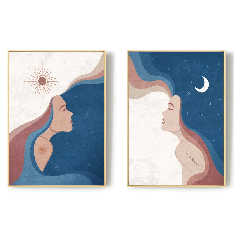

Nordic Sun Moon Girl Canvas Painting Abstract Blue Starry Sky Figure Wall Art Posters Print Picture for Living Room Home Decor