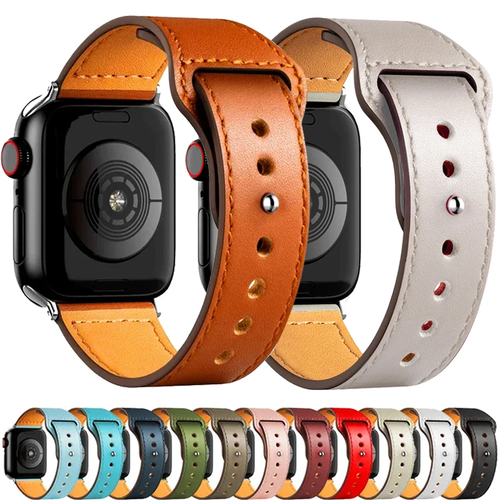 

Кожаный ремешок для Apple watch Series 8 7 9 4 5 6 se 38 мм/42 мм, браслет на запястье 45/44 мм, ремешок для iWatch Ultra 41 мм/45 мм 49 мм 44 мм 40 мм