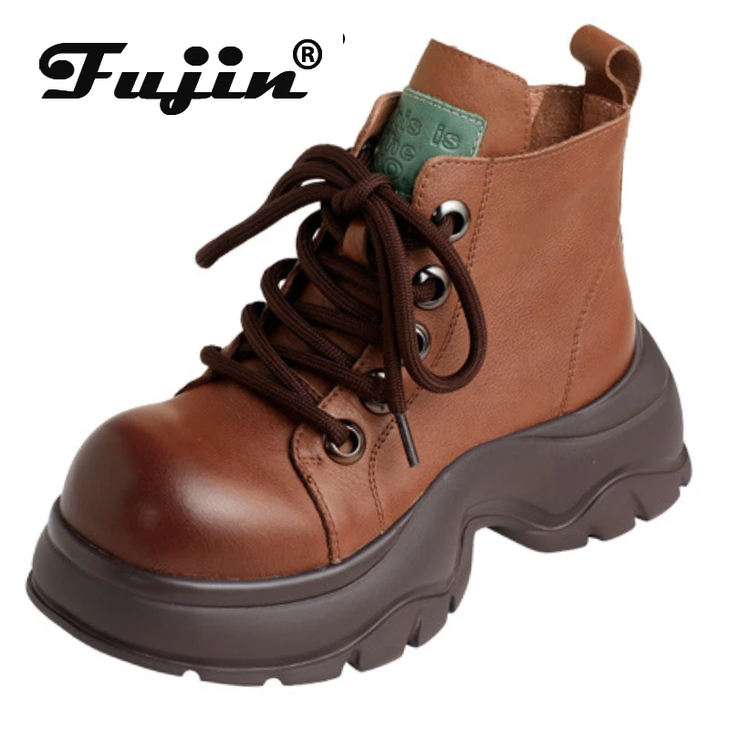 

Fujin/Модные Этнические мокасины на платформе 5 см; Сезон осень-весна; Ботильоны из натуральной кожи на танкетке; Женские ботинки с большим носком; Botas