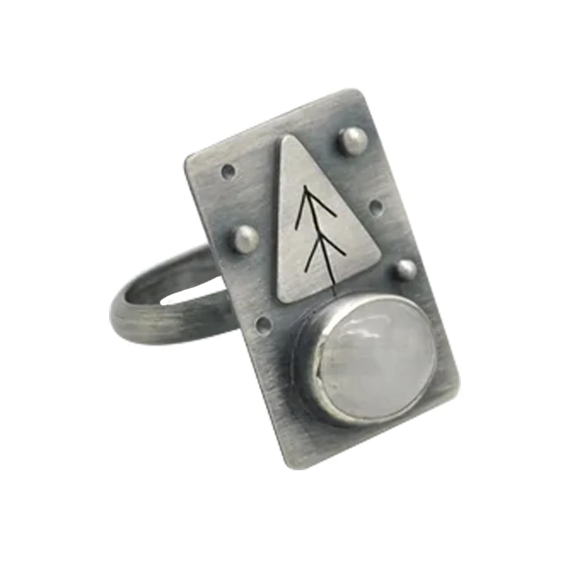 

Vintage Metal Hand Carved Fishbone Pattern Ring Set Moonstone Women's Party Ring