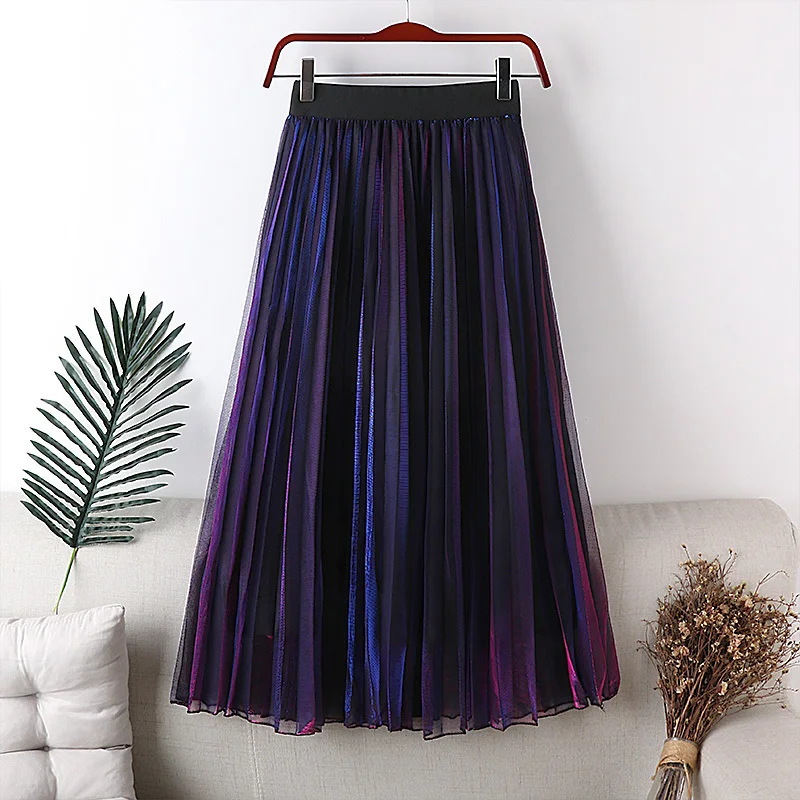 

2023 New Summer Woman Skirts Mid-Calf Mixed Color Gradient Mesh Skirt A-Line Elegant Female Glitter Tulle Skirt Faldas Saias