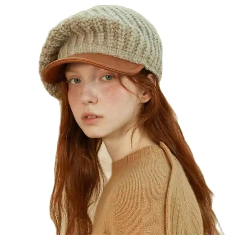Slouchy New british style women's beret hat Knitted artist hat leisure cap for winter Striped Faux leather beanie caps