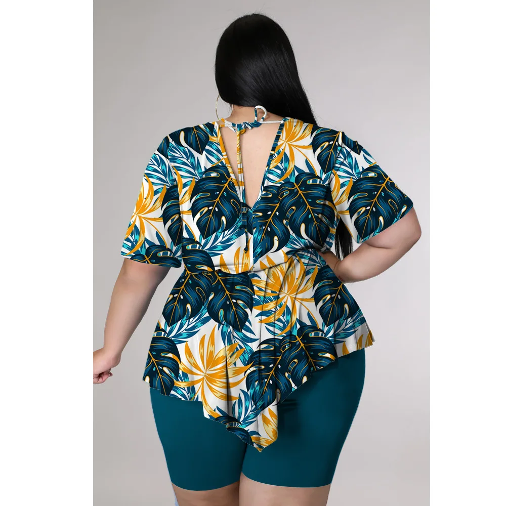 Plus Size Women 4xl Set Leaf Print Tops And Solid Pants 2022 Summer Two Piece Sets Lady Sweatshirt Female Tracksuit Wholesale