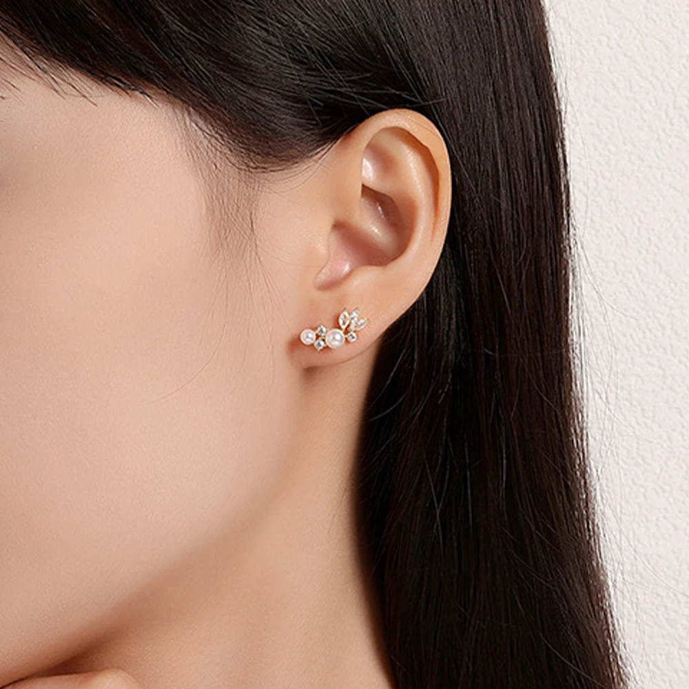 

CANNER S925 Sterling Silver Gold-Plated Pearl Zircon Stud Earrings Feather Wing-Shaped Vintage Earrings For Women Party Gifts