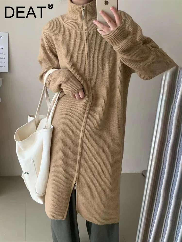 

DEAT Fashion Women's Knitted Cardigan Stand Collar Long Sleeves Zipper Slim Solid Color Warm Sweater Winter 2023 New 7AB1110