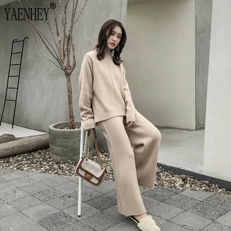 

Knitting Female Sweater Pantsuit for Women Two Piece Set Knitted Pullover V-neck Long SleeveTop Wide Leg Pants Suit Warm Autumn