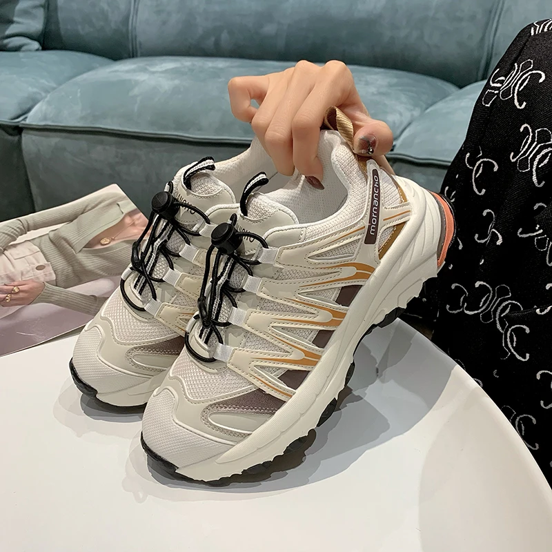 Sports Casual Shoes Women 2023 New Breathable Thick Soled Outdoor Hiking Jogging Lace-up Match Color Women Shoes Leather