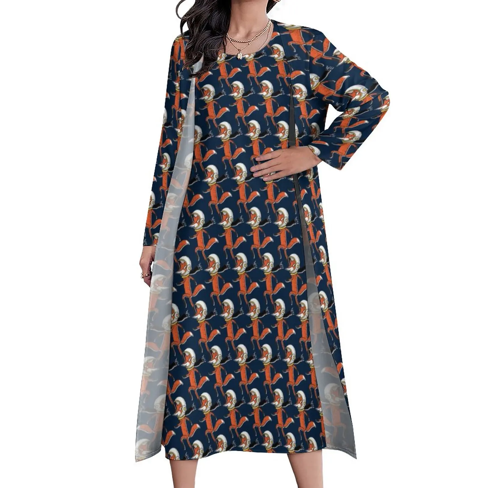 

Fox Astronaut Dress Funny Animal Print Modern Maxi Dress Street Style Boho Beach Long Dresses Two Piece Custom Oversize Vestido