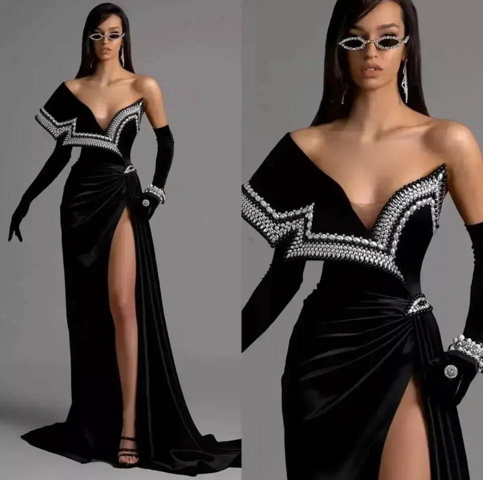 

Black Velvet Sweep Train Off the Shoulder Mermaid Wedding Guest Evening Prom Dresses for Bride Special Occasion 2023
