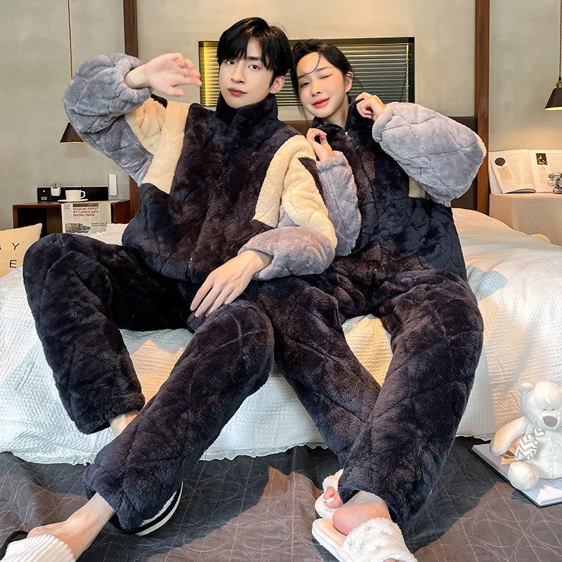 Couple Coral Velvet 2PCS Pajamas Set Winter New Women Flannel Sleepwear Nightwear Men Casual Thick Quilted Warm Home Clothes