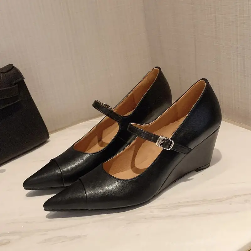 2023 New Natural Genuine Leather Women Heels Shoes Pointed Toe Fashion Birthday Party Wedding Shoes Wedges High Heel Shoes