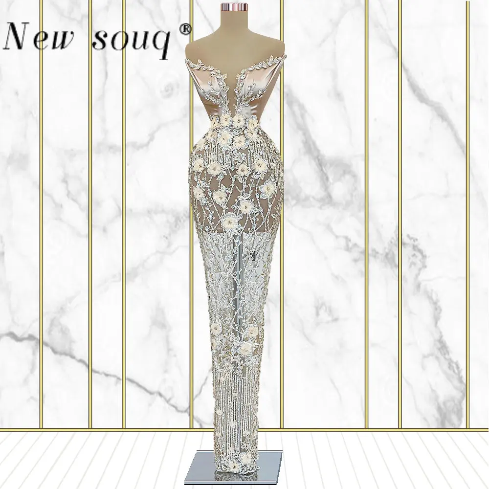 

Sexy Illusion Long Mermaid Evening Dresses 2023 African Black Girls Floral 3D Flowers Deep V Neck Sleeveless Prom Party Gowns