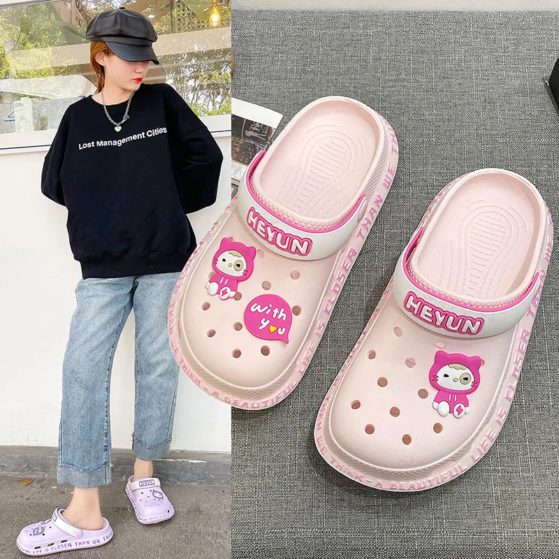 

Women Slippers External Summer Korean Version of Cute Clogs Nurse Package Head Half Slippers Thick Bottom Beach Hole Shoes