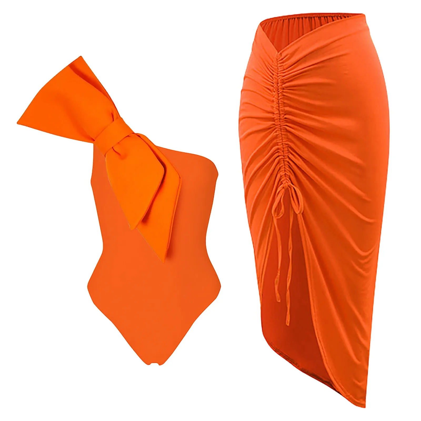 

Women Bow Trim Solid Color Swimsuit Set Padded Vintage Swimwear Triangle Straps