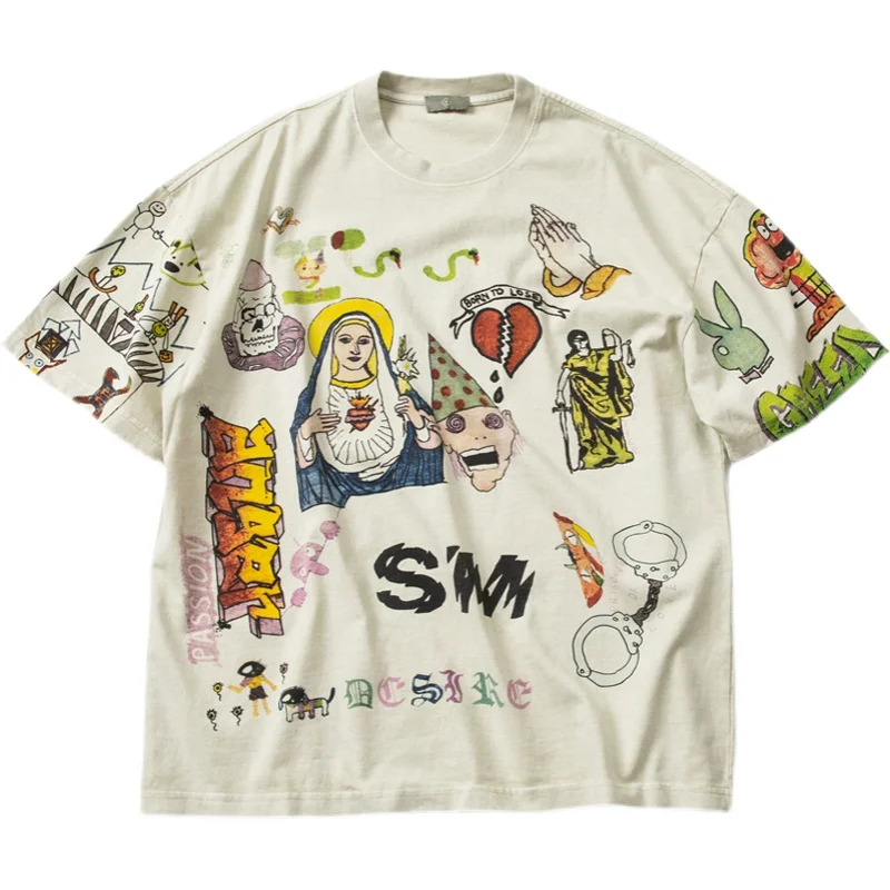 

Summer Hand-painted Graffiti High Street Tees Round Neck Washed Cartoon Anime Cotton Loose Casual Short Sleeve T-shirt for Men