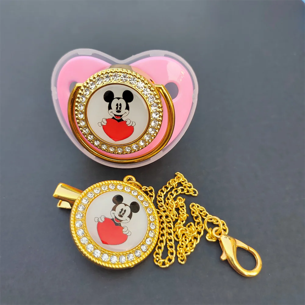 

[1 Set ] Mickey Mouse Hold Heart Baby Pacifier & Pacifier Clips High Quality BPA Free Toddler Nipple Gold Bling Dummy Soother