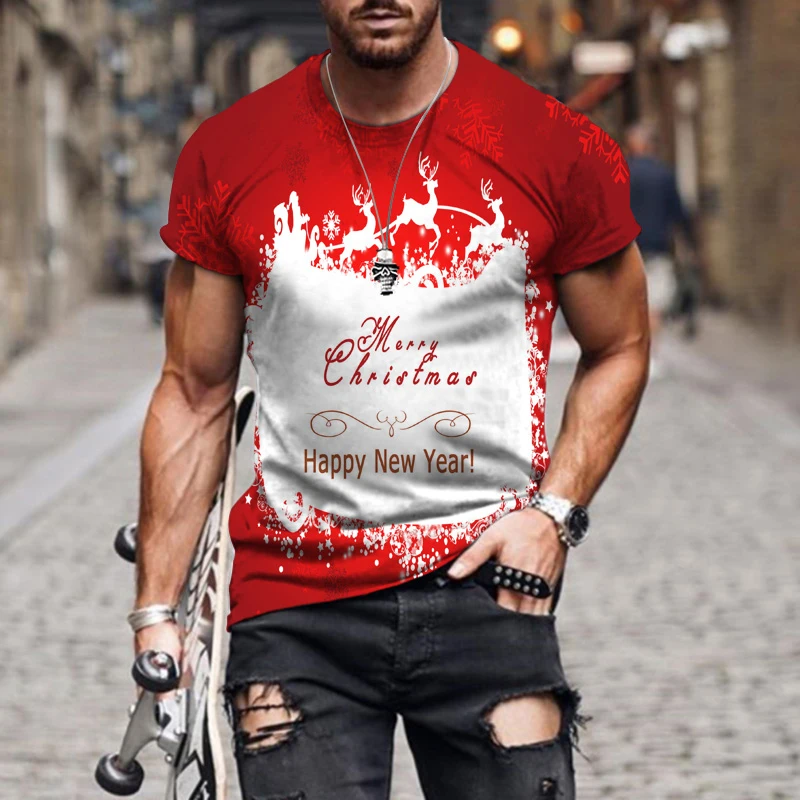 Christmas Series Theme Exquisite 3D Harajuku Printing Men's And Women's Avant-Garde Trend Casual Round-Neck Short-Sleeved Tees