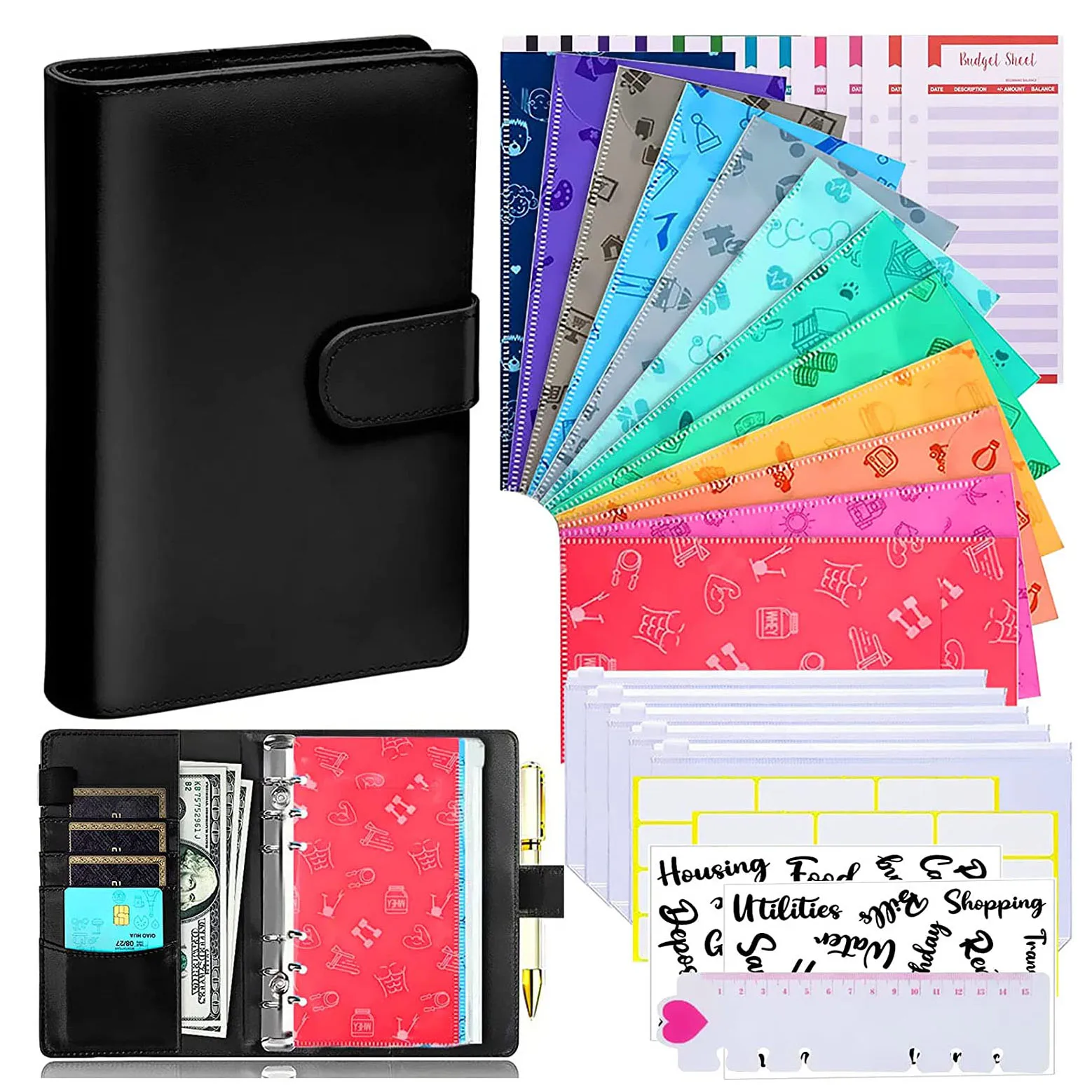 35Pcs A6 PU Leather Budget Binder Notebook Cash Envelopes  System Set,with Binder Pockets for Money Budget Saving Bill Organizer