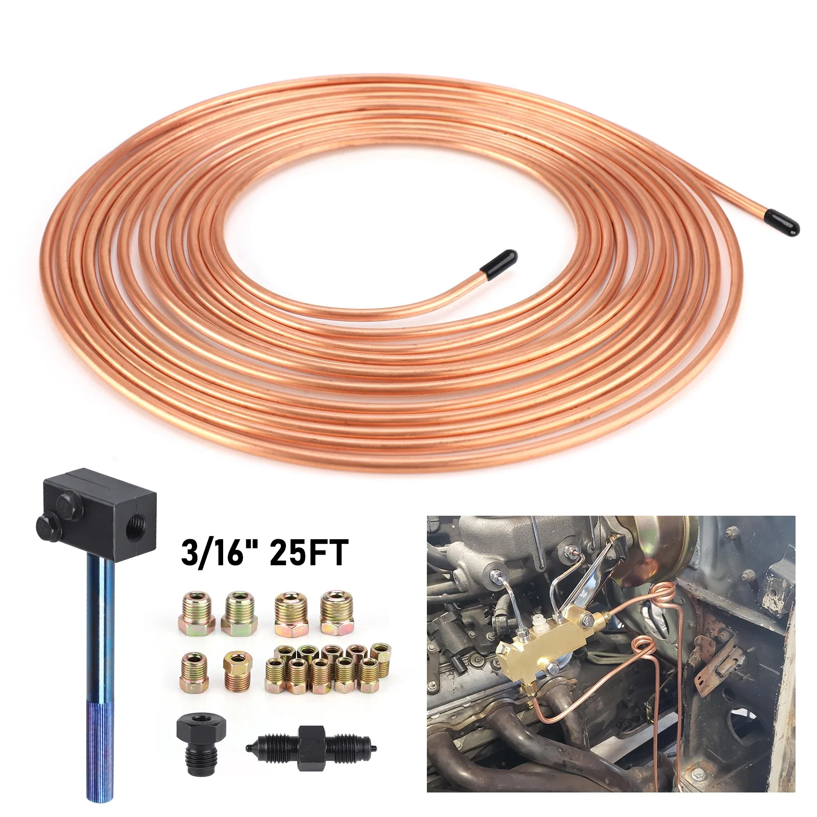 

Инструмент для развальцовки тормозных трубок Профессиональный медный комплект тормозной магистрали Безоржавчины Автомобильный комплект катушек тормозной магистрали Рулон трубки 3/16 "X 25 футов SAE