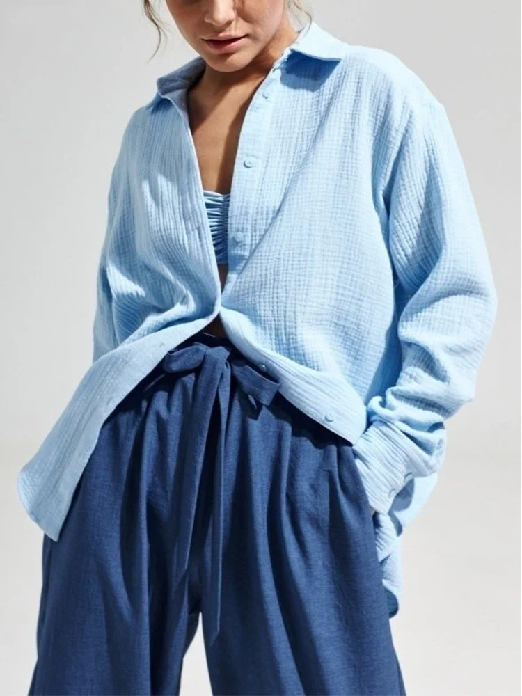 

Bornladies 2023 Women's Spring Summer 100% Cotton Shirts Office Lady Fashionable Solid Lady Long Sleeve Loose Tops Crepe Shirts