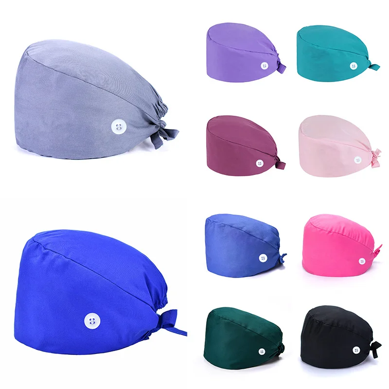 

Solid Color Scrubs Caps with Buttons Pet Grooming Agency Work Scrubs Beauty Work Hats Lab Nursing Cap Surgery Nurse Hat Unisex