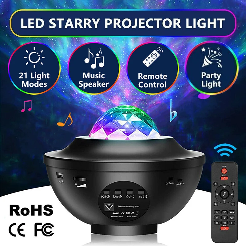 

LED Galaxy Projector Night Light Ocean Wave Projection with Bluetooth Music Speaker 8W LED 10 Colors 21 Lighting Modes Brightnes