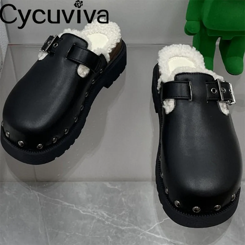 

Мюли женские из натуральной кожи, шлепанцы на платформе, на толстой подошве, металлическая пряжка, сланцы, меховые дизайнерские вечерние ту...