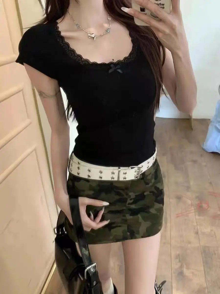 Корейская шикарная кружевная Лоскутная футболка kusхитки с квадратным воротником