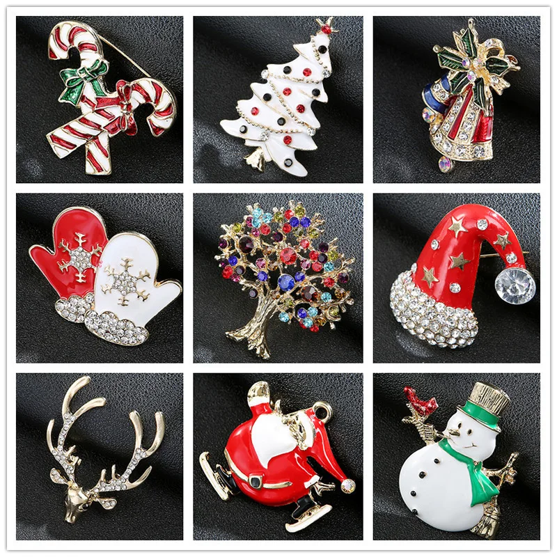 

Christmas Gift Light Luxury Elk Bell Gloves Hat Old Man Snowman Crutch Christmas Brooch Men And Women Holiday Brooches Badges