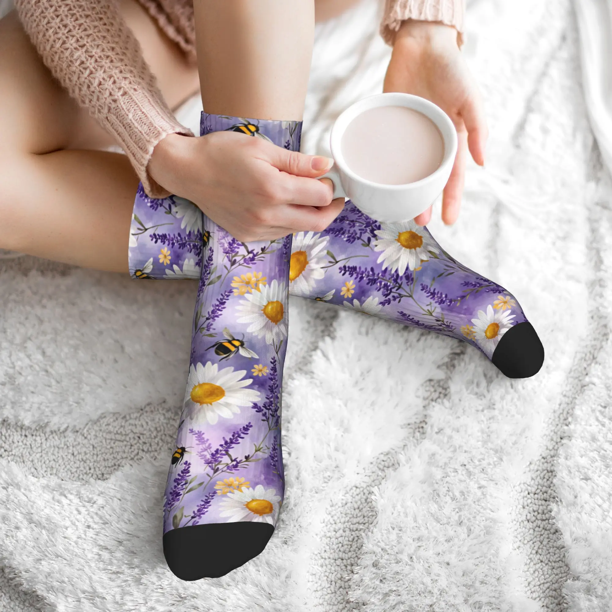 Носки Harajuku Bee Lavender Daisy Watercolor для женщин и мужчин, теплые спортивные баскетбольные носки с 3D принтом (art.: 3920dbeae375f) - 3920dbeae375f