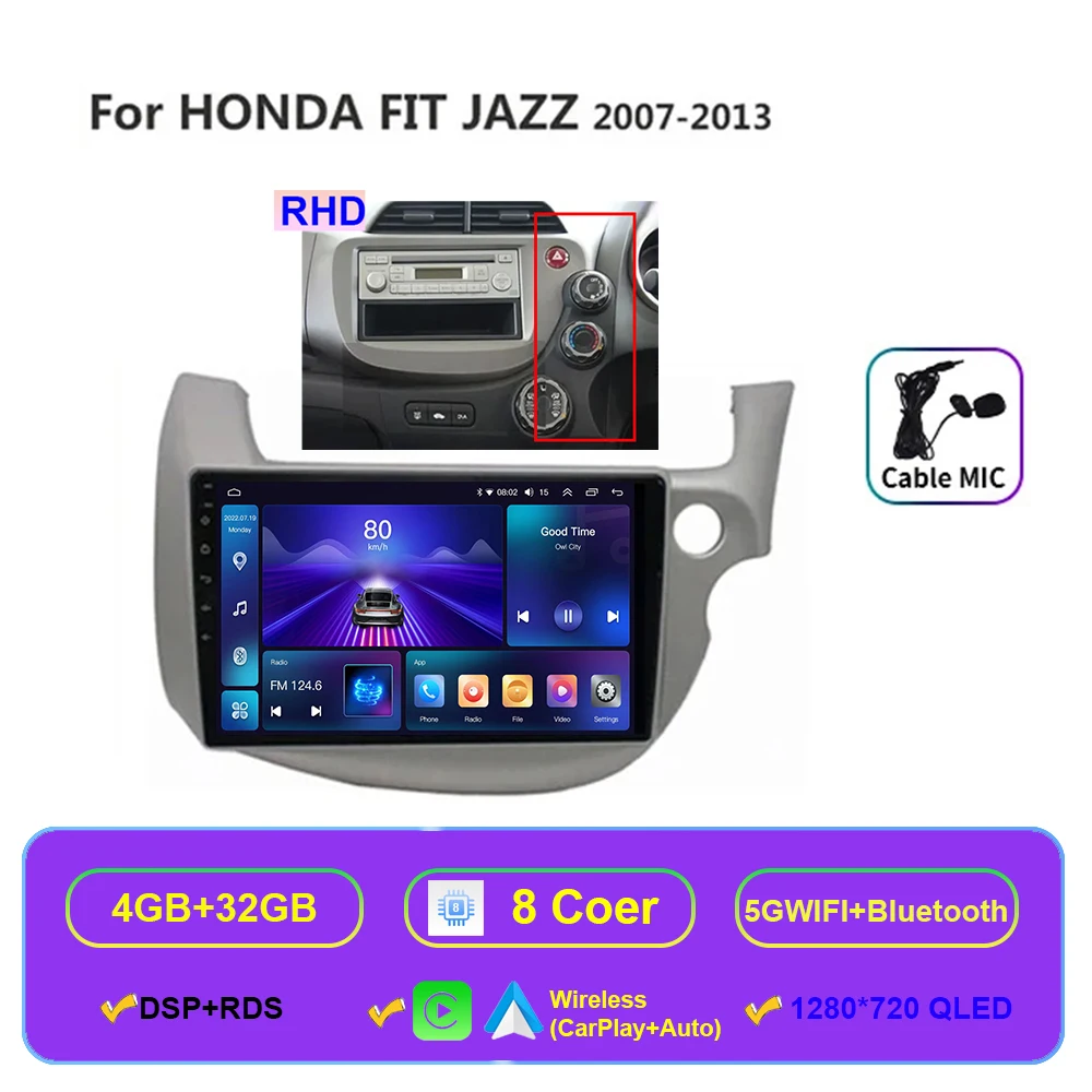 Автомобильный радиоприемник Android 15, Carplay для HONDA FIT JAZZ 2007-2014, мультимедийный видеоплеер, зеркальное подключение, разделенный экран, головное устройство GPS