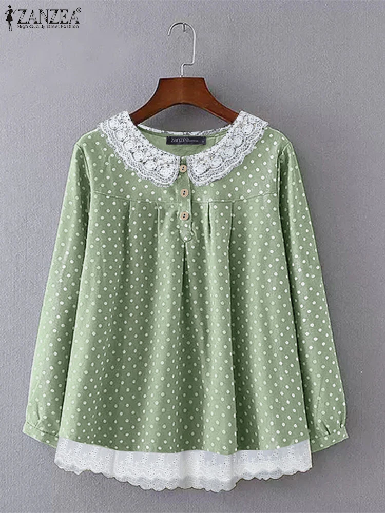 ZANZEA женские милые блузки с воротником Питера Пэна элегантные кружевные в горошек