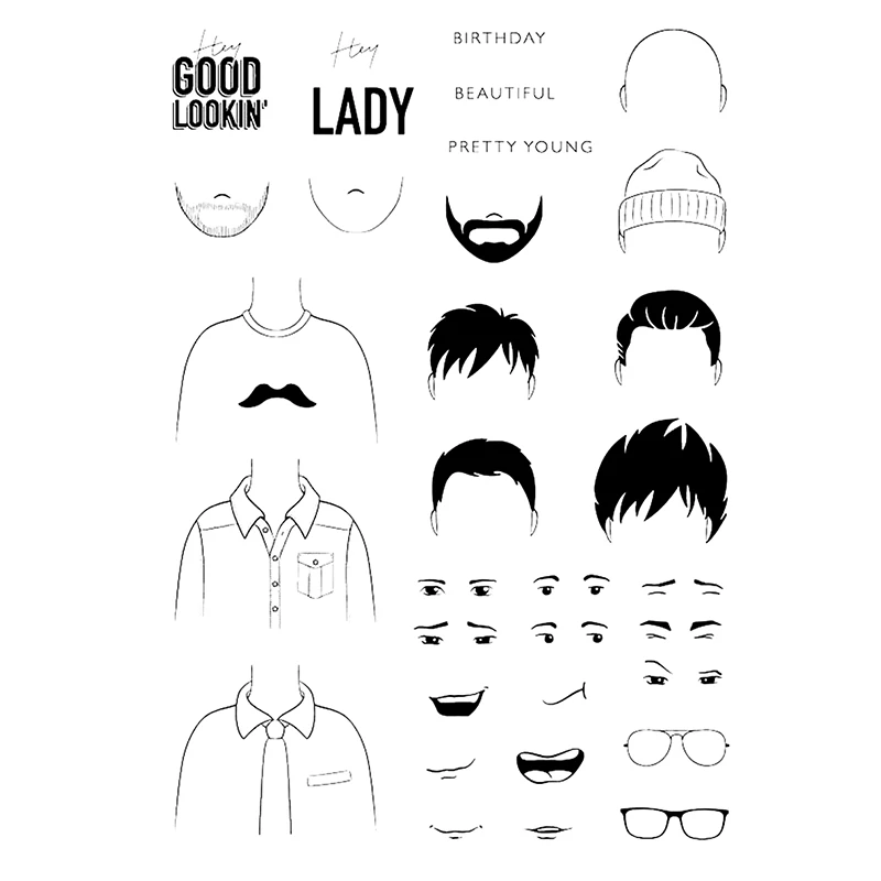 

Different Men's Body Parts Heads Hair Faces Eyes Mouths Sunglasses Clear Stamp Card Album Photo Making Stencil Crafts 2022 New