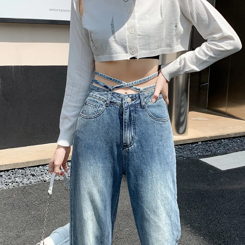 

New Autumn and Winter Women Jeans Vintage Wide Leg Casual Tie Rope Belt Loose High Street Fashion Wide Leg Straight Leg Jeans