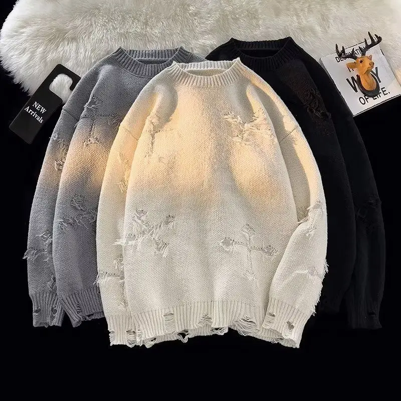 

2023 Autumnand y2k Street Clothes Streetwear Men New Retro Hole Tassel Sweater Loose Joker Sweater Men And Women Long Sleeve